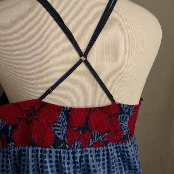 Red Blue Sundress XL Cotton Silk Bright Mini Dress - Picture 5 of 8